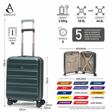Aerolite Expandable 55x40x20cm to 55x40x23cm Ryanair Priority, Wizz Air Priority, Lufthansa Max Size Lightweight Hard Shell Carry On Hand Cabin Luggage Suitcase with 4 dual spinner wheels (FOREST GREEN)